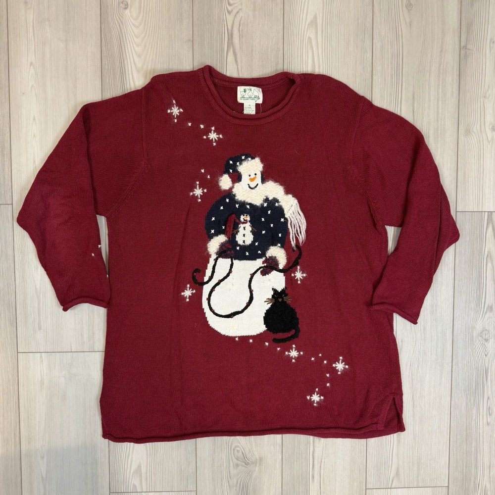 Quacker Factory 1X Christmas Holiday Deep Red Happy Snowman & Cat‎ Sweater